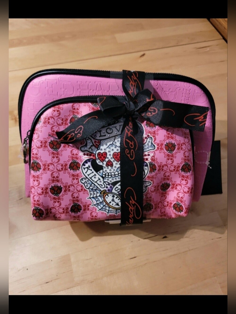 Ed Hardy Pink Skull Heart Cosmetic Bag Set